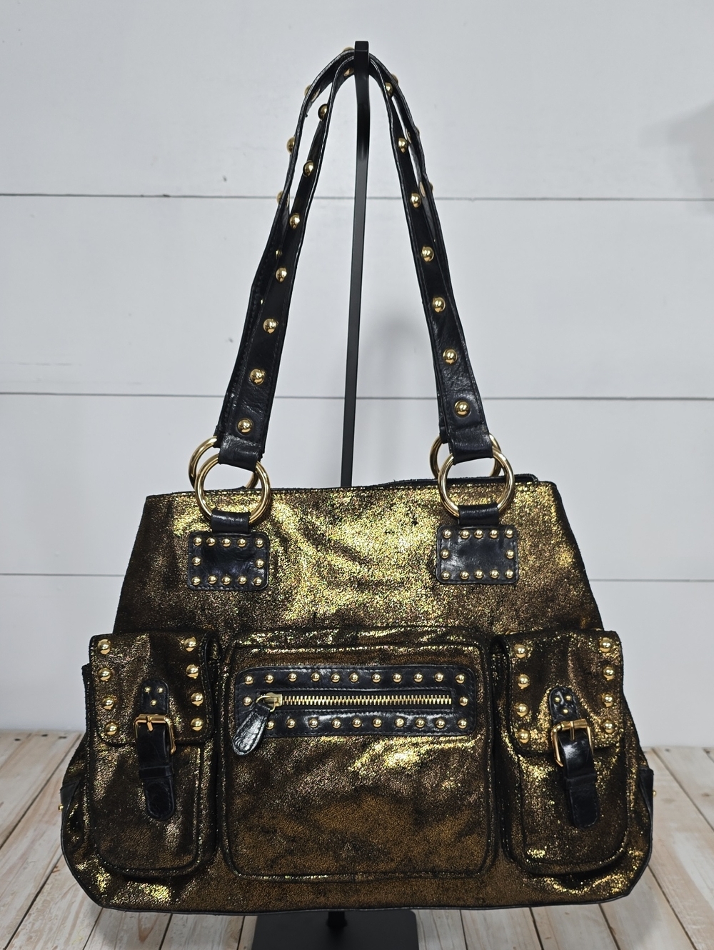 Vintage Sabina New York Genuine Leather Studded Satchel Bag Y2K Gold Black Boho